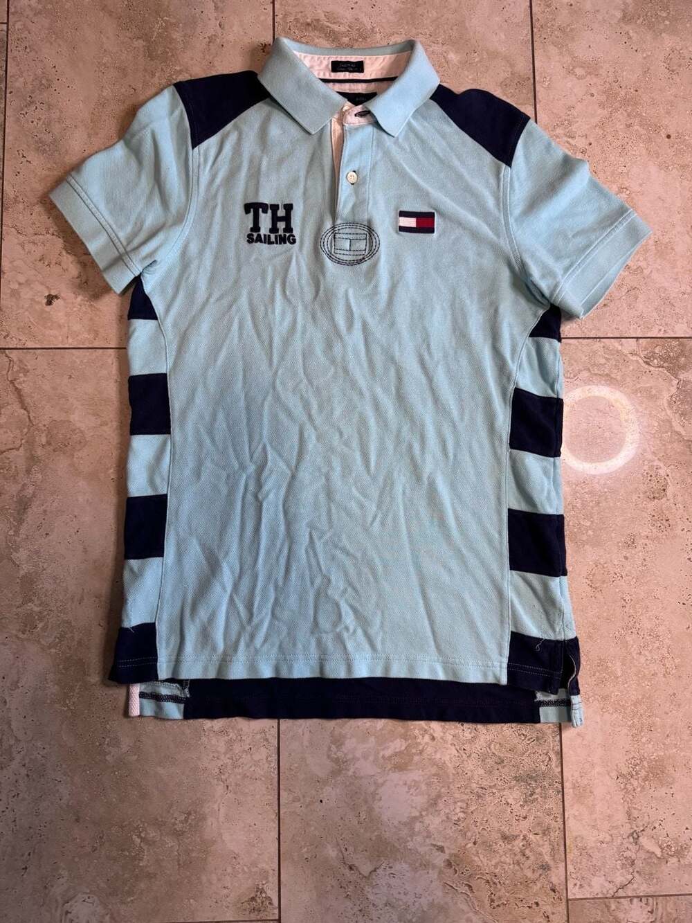 Tommy Hilfiger TH Sailing Custom Fit Polo Shirt Light Blue Navy Size M